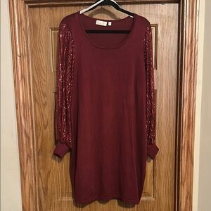 Burgundy Dress with Sequin Sleeves